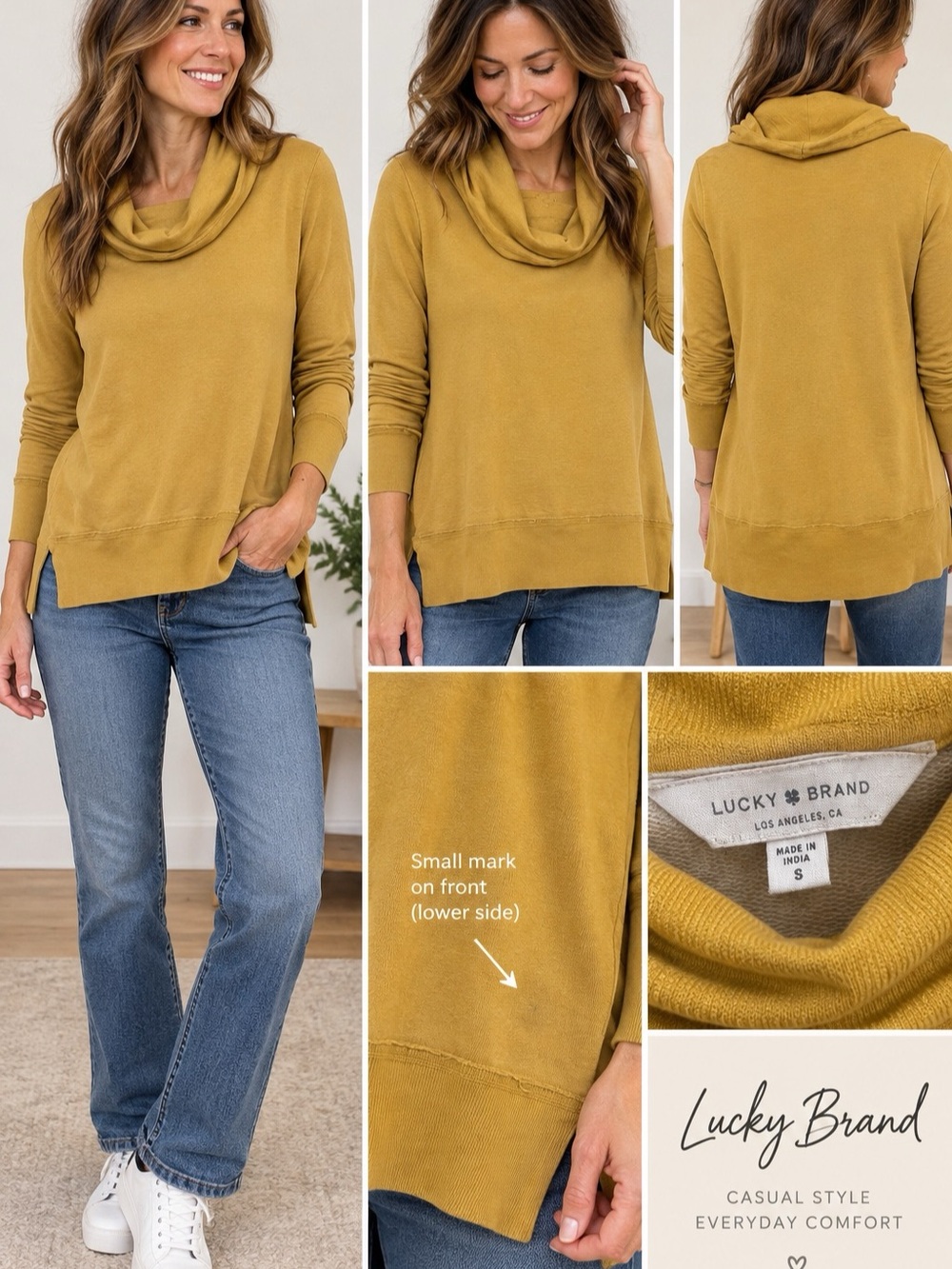 Lucky Brand Mustard Yellow Cowl Neck Tunic Sweater Top Size Small